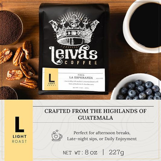 Leiva’s Ground Light Roast Coffee, Small Batch Roasted, Guatemalan Beans – Finca La Esperanza Single Origin Coffee Ground w/Vanilla, Cinnamon & Chocolate Notes - Low Acidity Roast (2 Pack)