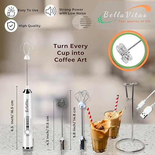Milk Frother Handheld Rechargeable, 3-Speed Electric Frother Wand Whisk, Foam Maker Drink Mixer with Stand, 2 Whisks Coffee Frother for Latte, Cappuccino, Matcha, Cocoa, Eggs, White-1