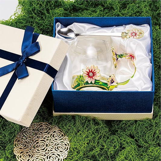 Flower Tea Cup ,Daisy Flower Clear Glass Fancy Coffee Cup with Spoon,Gift Box for Her Mom Wife Grandma Girls Friends Valentines Christmas Birthday Present Idea for Juice,Hot And Cold Drinks Use