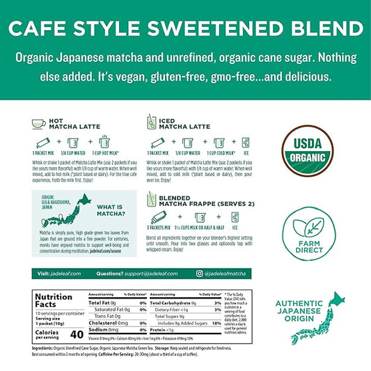 Jade Leaf Matcha Organic Premium Ceremonial Grade Matcha Green Tea Powder - Japanese - Culinary, Ingredient, Ceremonial Barista Teahouse, Latte, Collagen, 0.35 Ounce (Pack of 100), Matcha Latte