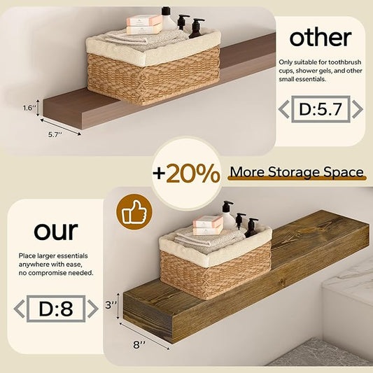 Floating Shelves 3 inch Thick for Wall Set of 2,Solid Pine Wood Wall Mount Shelf for Kitchen Living Room Bedroom Bathroom,8" D x 60" L x 3" H-Black Walnut
