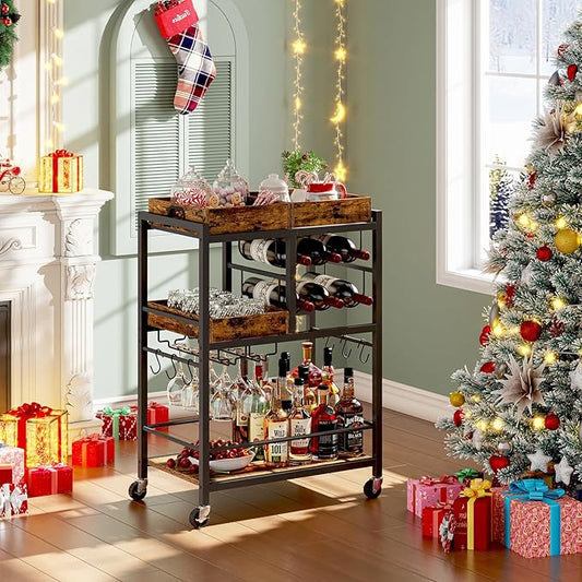 TUTOTAK Bar Cart, Home Bar Serving Cart, 3-Tier Kitchen Cart on Wheels, Rolling Beverage Cart with Wine Rack and Glass Holder, Brown BC01BB037