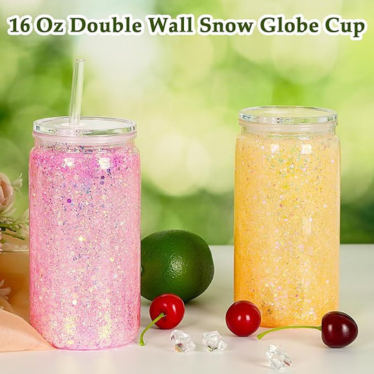 16 Oz Plastic Snow Globe Tumbler with Lid and Straw, 16 Pack Double Wall Pre Drilled Plastic Mason Jar Cups Can for Snow Globe Glitter DIY Gift(Clear)
