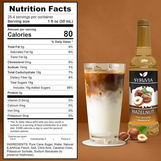 Syruvia Coffee Syrup, Hazelnut Flavored Syrup for Drinks, Lattes, and Desserts – 25.4 fl oz, With Pump