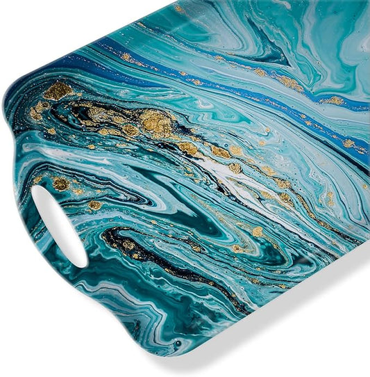 Serving Tray Decorative Tray with Handles Multi-Purpose Rectangular Serving Trays for Restaurant, Parties, Coffee Table, Kitchen - Blue Gilt Marble Pattern