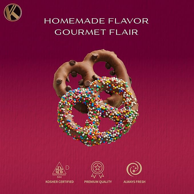 KREMERY Creamy Chocolate Cravings - Valentines Day Chocolate Covered Pretzel Twists Gift Basket, in Confetti Gift Box (12 Pretzels, Assorted Sweet Toppings) Xmas Treats Food Arrangement, Kosher
