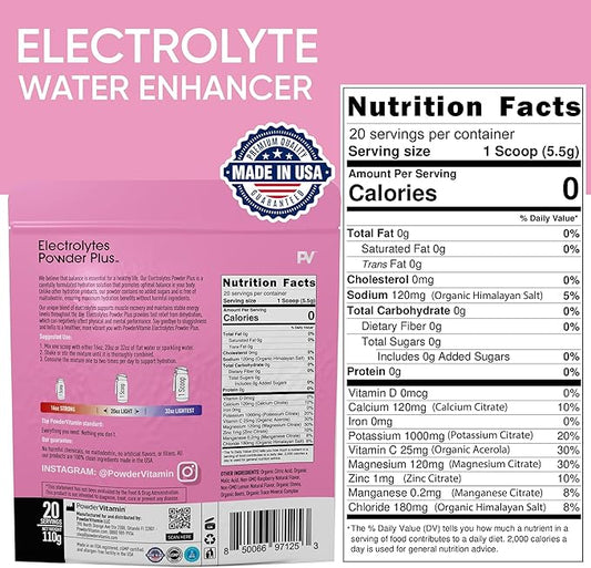PowderVitamin Electrolytes Powder Plus (20 Servings) Raspberry Lemonade Electrolyte Powder Zero Calorie Keto,0 Sugar,No Maltodextrin,1000mg Potassium,120mg Calcium,120mg Magnesium, Pink Himalayan Salt