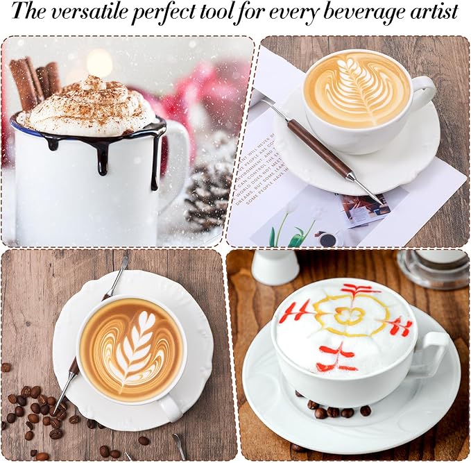 3 Pack Latte Art Pen, Double-Ended Coffee Latte Art Tools, Stainless Steel Coffee Drawing Tools with Wood Handle Barista Accessories for Espresso Designs, Home and Cafe Use