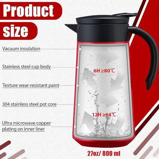 2 Pcs 27oz Thermal Coffee Carafe Stainless Steel Coffee Pot for Keeping Hot/cold Insulated Double Walled Vacuum Tea Pot with Press Button Drink Beverage Dispenser for Milk Tea (Red)