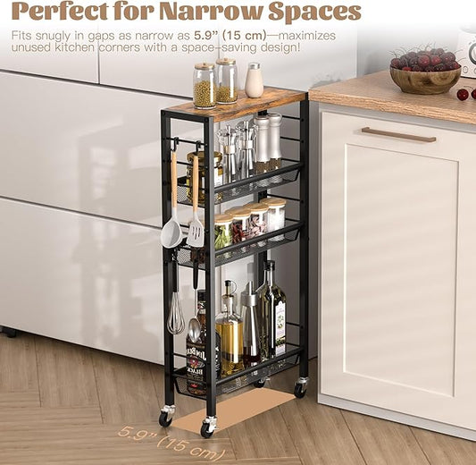 Narrow Storage Cart with Wheels,4-Tier Narrow Kitchen Carts Slim Rolling Cart,Skinny Storage Cart for Small Spaces,Rolling Utility Cart for Livingroom,Diningroom,Office,Laundry Room,Bathroom