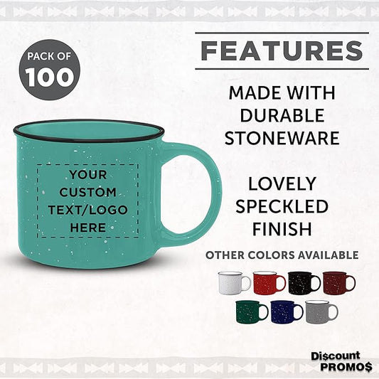 DISCOUNT PROMOS Custom Ceramic Campfire Coffee Mugs 13 oz. Set of 100, Personalized Bulk Pack - Perfect for Tea, Espresso, Cappuccino, Hot Cocoa - Mint