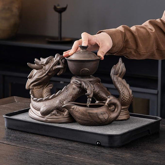 Dragon Tea Sets with Infuser Semi Automatic Tea Set Magic Teapot with 8 cups (Antique Brass Dragon- A)