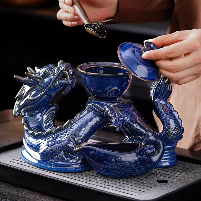 Semi Automatic Tea Set Ceramic Teapot with Infuser Magic Teapot with 8 cups (dark blue dragon-a)