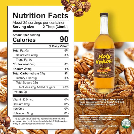 Holy Kakow Cafe Organic Pecan Syrup - Pecan Syrup, Coffee Syrup, Organic Syrup for Coffee, Pecan Syrup for Coffee, Add to Latte, Cocktail and Shake, Real Food Ingredients, Specific Flavor - 750ml