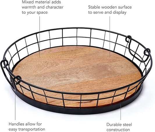 Spectrum Madison Round Metal Wooden Serving Tray with Handles for Living Room Kitchen Counter Ottoman Coffee Bar Dining Table Decorative Home Organizer Platter, Rustic Black Metal & Light Wood Tray