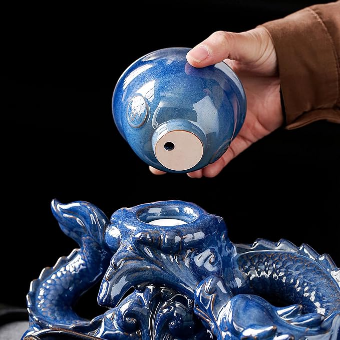 Semi Automatic Tea Set Ceramic Teapot with Infuser Magic Teapot with 8 cups (Blue Dragon- D)