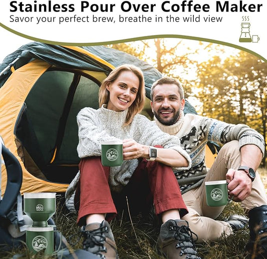 Stainless Steel Pour Over Coffee Filter, Reusable Dripper for Insulated Mugs, Paperless Coffee Maker for Hiking, Camping & Outdoor Adventures, Rinse-clean & Portable - Green