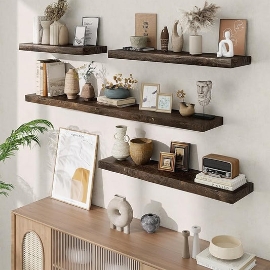 Floating Shelves, 8" Deep Rustic Solid Wood Wall Mounted Floating Shelves, Wall Shelves with Invisible Bracket for Living Room Bathroom Bedroom Kitchen, 24 Inch Set of 2, Walnut