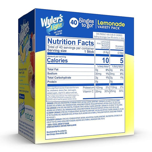 Wyler's Light Lemonade Variety Pack, 40 ct Singles to Go Powder Packets, Water Drink Mix, Variety Pack, Pink, Strawberry & Blueberry Lemonade, Sugar & Caffeine Free, On-The-Go,(Pack of 1)