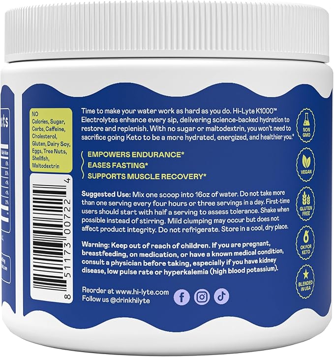 Hi-Lyte K1000 Electrolytes Powder Mix Unflavored Keto & Performance, 50 Servings