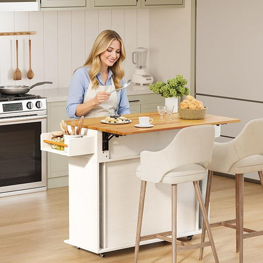 DHH Rolling Kitchen Island with Drop Leaf Countertop&Ample Storage - 39.4" Small Mobile Kitchen Cart On Wheels with Sliding Door,Drawers,Spice Rack & 2-Tier Storage (White)