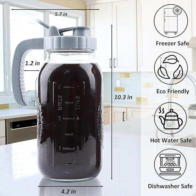 Cold Brew Coffee Maker 64 OZ Mason Jar Cold Brew Pitcher With Infuser 2 Quart Wide Mouth Iced Coffee Maker With Pour Spout Lid And Handle Half Gallon Airtight & Leakproof Pitcher For Fridge
