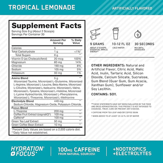 Optimum Nutrition Amino Energy Powder Plus Focus, with BCAA, Electrolytes, and Caffeine, Tropical Lemonade, 30 Servings (Packaging May Vary)