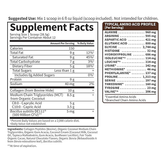 Garden of Life Grass Fed Collagen Creamer Powder - Chocolate, 12 Servings, Powder for Coffee Energy Beauty Joints, Collagen Peptides with Coconut MCTs, Keto Protein Supplements