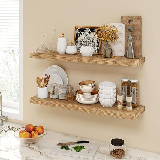 36 Inch Floating Shelves, 9.3" Deep Floating Shelf Wall Mounted, 36" Wall Shelves, Rustic Deep Bookshelf, Large Display Shelves & Storage Shelves for Bedroom, Living Room, Light Brown, Set of 2