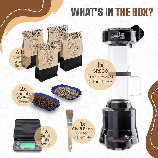 Fresh Roast Coffee Roaster Bundle SR800, Glass Extension Tube, Pour Over Digital Scale, (4lbs) Sample Pack of Green Beans, (2-Pack) Sample Trays, Chaff Brush