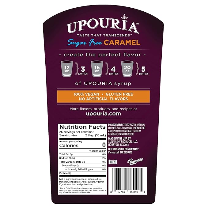 Upouria Sugar-Free Caramel Coffee Syrup Flavoring, 100% Vegan, Gluten-Free, Kosher, Keto, 750 mL Bottle (Pack of 2) with Coffee Syrup Pump