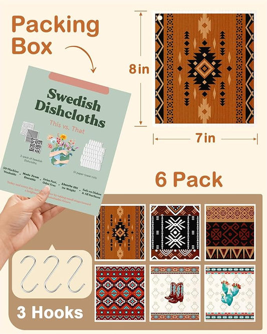 Kitchen Swedish Dishcloths with Hooks - 6 Pack Reusable Dish Cloths for Washing Dishes Fast Drying Cute Fun Swedish Dish Towels Washable Cleaning Sponge, Brown Cowboy