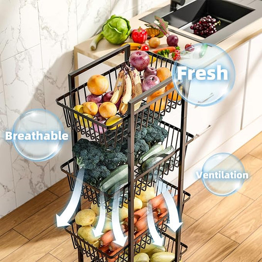 Simple Trending 4 Tier Rolling Fruit Vegetable Basket Cart, Metal Wire Kitchen Storage Organizer on Wheels for Bread Onion Potatoes, Black