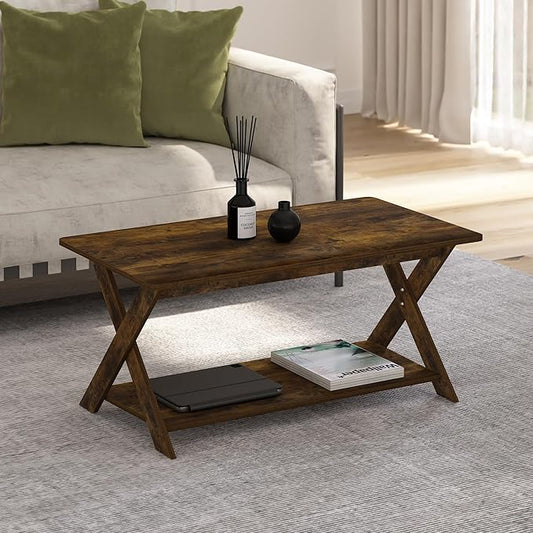Furinno Modern Simplistic Coffee Table, 2-Tier Rectangle Modern Coffee Table with Open Shelf and X-Legs, Criss-Crossed Side Table, for Living Room, Bedroom, Home Office, Amber Pine