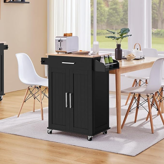 Yaheetech Kitchen Island on Wheels with Storage Cabinet, Rolling Kitchen Cart with Bamboo Top & Drawer & Spice Rack Towel Bar, Microwave Stand Cart for Kitchen/Dining Room, Black