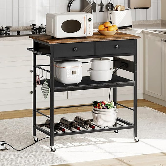 HOOBRO Kitchen Island with Storage, Rolling Island Cart for Kitchen with 2 Drawers & Outlet, 3 Tier Coffee Station and Microwave Stand, Kitchen Island Table for Home, Rustic Brown and Black FB08UZD01