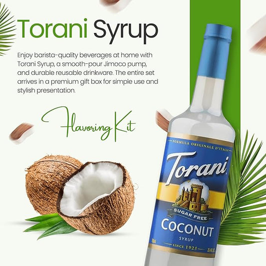 Jimoco Barista Set – Torani Sugar Free Coconut Syrup 25.4 oz, Jimoco Pump, Reusable Cup, Straw & Stirrer – Coffee, Italian Soda & Cocktail Flavoring Kit