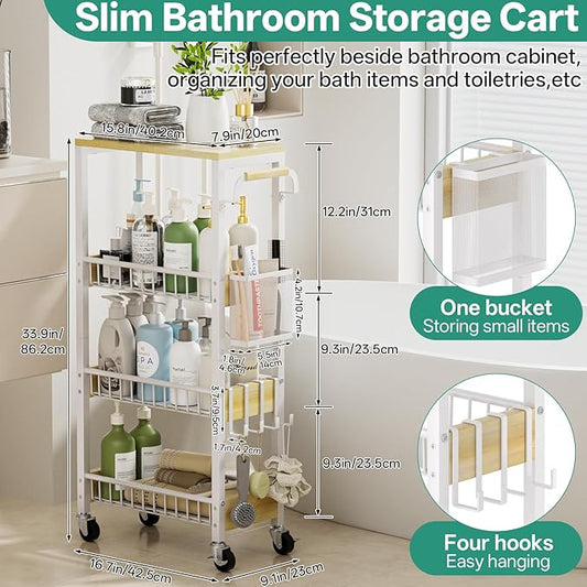 Slim Rolling Storage Cart, 4 Tier Small Organizer Cart with Wheels, Metal Utility Shelf Kitchen Bathroom Laundry Room Organization Trolley with Handle for Narrow Space (9.1" Overall Width)