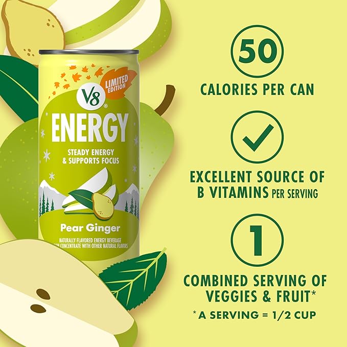 V8 Energy Pear Ginger Energy Drink, 8 fl oz Can (24 Pack)