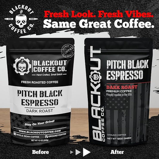 Blackout Coffee Pitch Black Espresso Ground Coffee – Extra Dark Roast, European-Style, Bold & Aromatic – Freshly Roasted 12oz Bag.