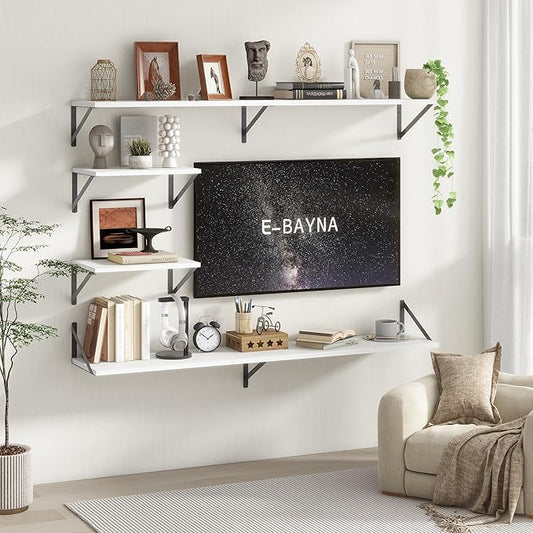 Floating Shelves 55 Inch Long, 10" Deep Floating Shelves, White Wall Shelves 55 x 10, Set of 2, Wide Large Display Storage Shelves for Bathroom, Living Room, Rustic Wood Shelves with Brackets