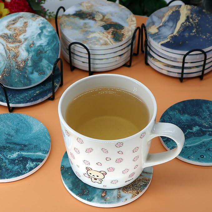Blue Marble Ceramic Coasters with Holder Absorbent Drink Coaster Set Outdoor Round Abstract Cute Table Decorative Coffee Cup Beverage Fun Wine Beer Bar Gold Housewarming 6 Pack