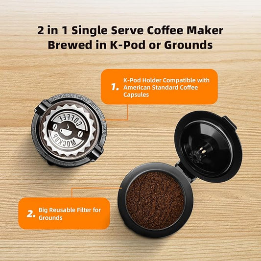 Horavie Mini Single Serve Coffee Maker for K Cup and Ground Coffee, Fast Brew One Cup Coffee Machine with Descaling Reminder and Water Window, 6 to 12 oz. Brew Sizes, White