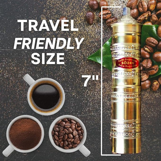 Sozen Hammered 7" Manual Coffee Grinder Brass – Hand Crank Burr Mill for Turkish Coffee, French Press, Espresso, Camping & Home Use – Portable Coffee Bean Grinder, Adjustable Conical Grinder