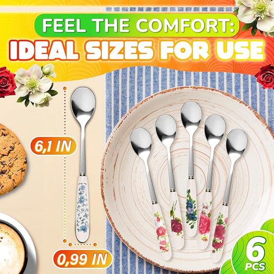 6 PCs Ceramic Handle Coffee Spoons Set – 6.1" Small Dessert Spoons with Floral Design – Stainless Steel Tea & Dessert Sugar Spoon for Coffee Bar, Espresso, Hot Drinks | Kitchen Gift Set for Women