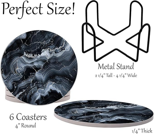Black Agate Marble Round Coasters Set of 6 - Abosrbent Ceramic Coasters with Metal Stand for Drinks, Coffee, Non-Slip Cork Back for Tabletop Protection, 4 Inches Marbled Pattern (Agate)
