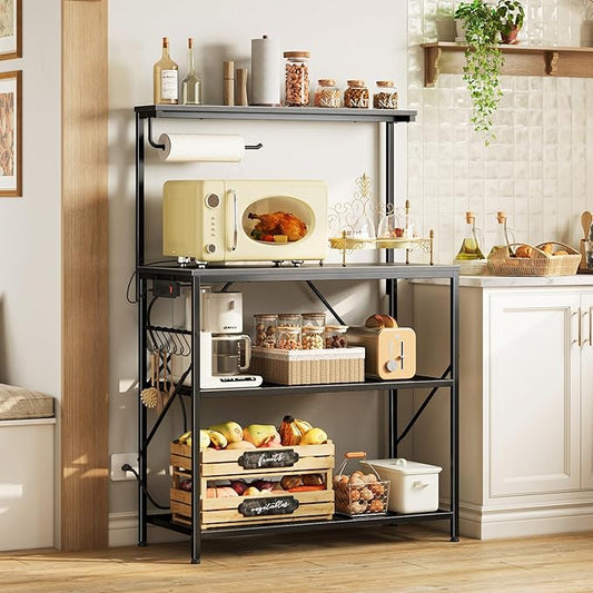 Huuger 4-Tier Bakers Rack with Reversible Power Outlet, 31.5 Inch Microwave Stand, Kitchen Coffee Bar, with Top Shelf, 6 S Hooks, Black