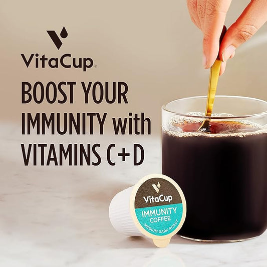 VitaCup Immunity Coffee Pods, Wellness Boost with Antioxidants, Echinacea, Probiotics, Vitamin C & D3, Medium Dark Roast, Single Serve Pod Compatible with Keurig K-Cup Brewers,32 Ct