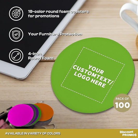100 Round Foam Bud Coasters Pack, 4 inch - Customizable Text, Logo - PU Foam, Party Favor - Lime Green