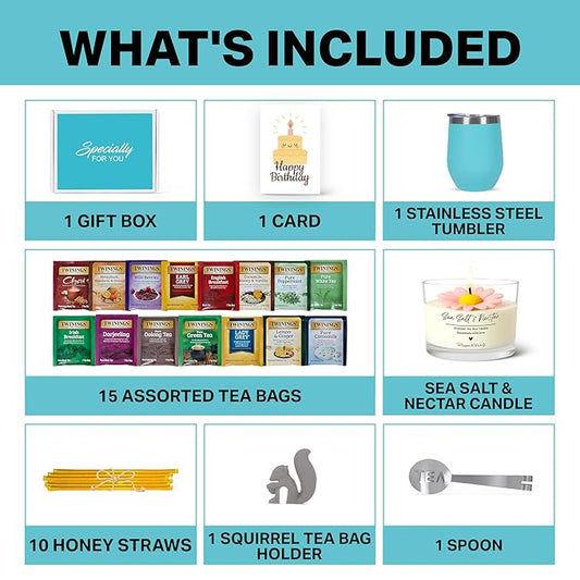 Birthday Gift Set with Stainless Tumbler, 15 Assorted Teas, 10 Honey Straws, Tea Tongs, Scented Candle and Greeting Card in Ready-to-Gift Box (Teal - Birthday Card)